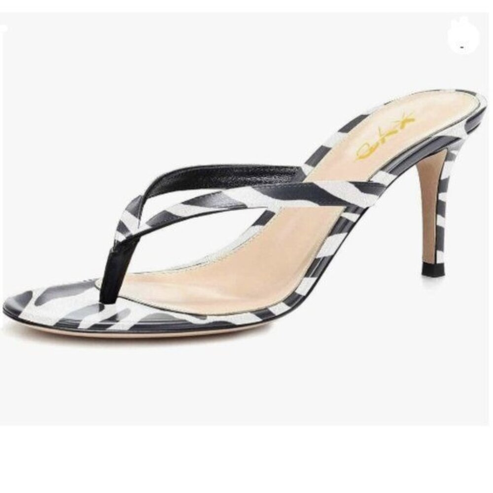 XYD Women Thong Mid Heel Sandals Casual Flip Flops Open Almond Toe Zebra Printed